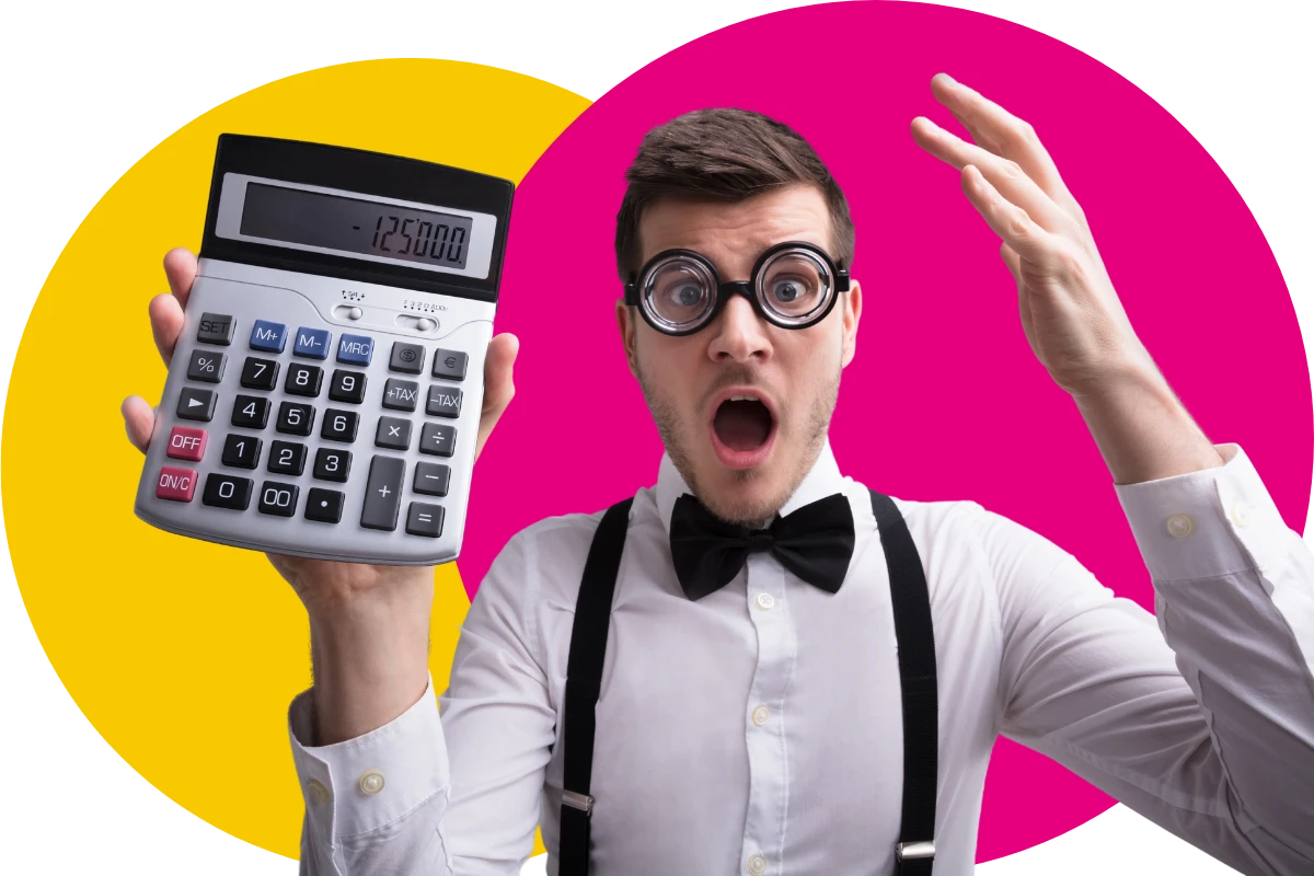 Young man dressed in a shirt and bowtie holding a calculator against a background of yellow and pink circles